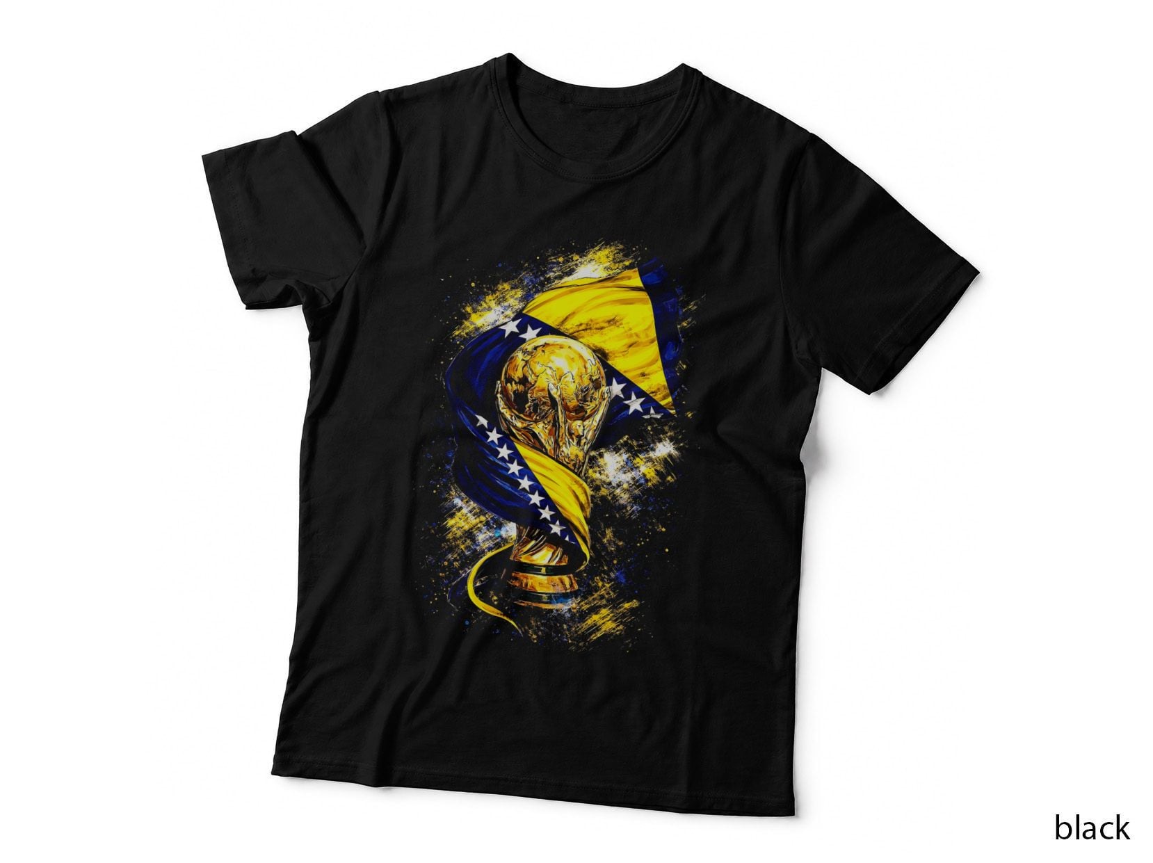 World Cup Trophy with Bosnia and Herzegovina Flag Gold Wrapped Blue T-Shirt