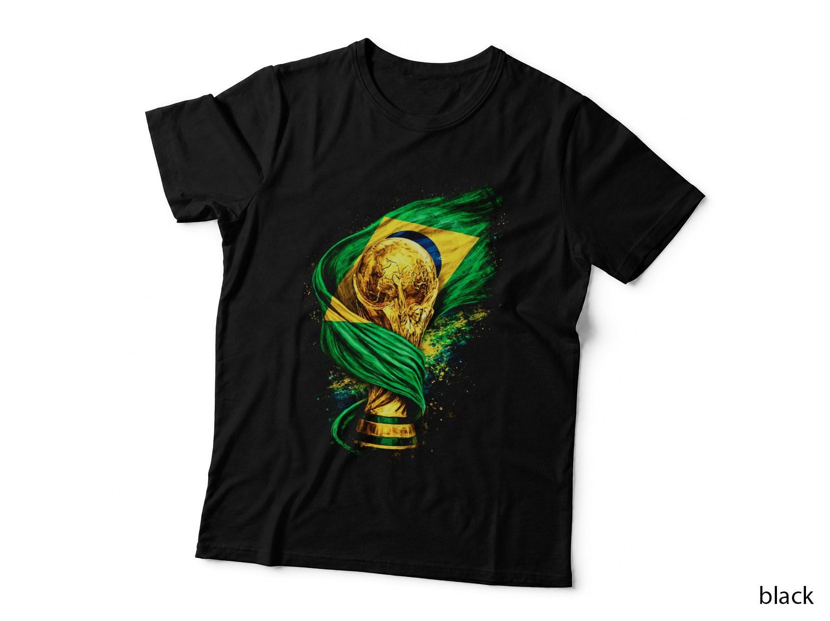 World Cup Trophy with Brazil Flag Gold Wrapped Green Yellow Diamond Blue T-Shirt