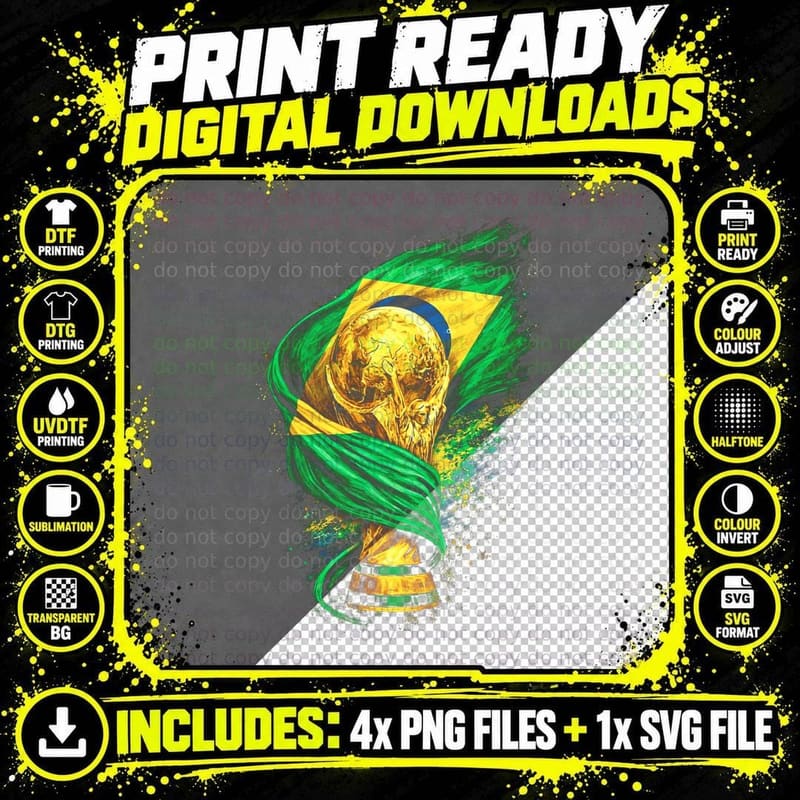 World Cup Trophy with Brazil Flag Gold Wrapped Green Png SVG Digital Bundle