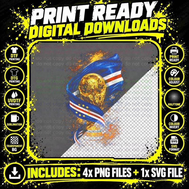 World Cup Trophy with Cape Verde Flag Gold Wrapped Blue Png SVG Digital Bundle