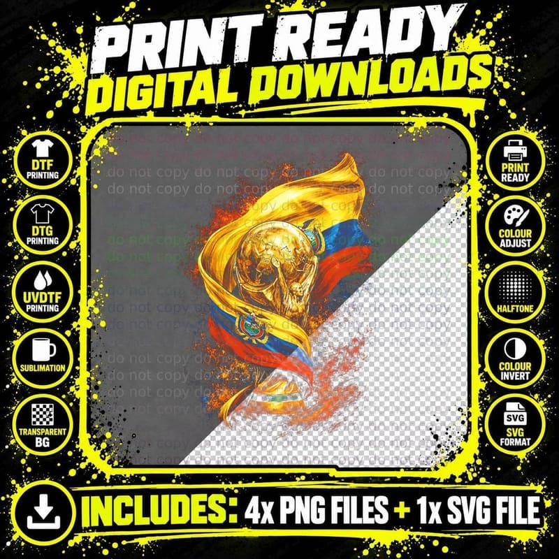 World Cup Trophy with Ecuador Flag Gold Wrapped Yellow Png SVG Digital Bundle
