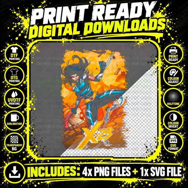 X-23 Female Blue Orange Outfit Halftone T-Shirt Png SVG Digital Bundle
