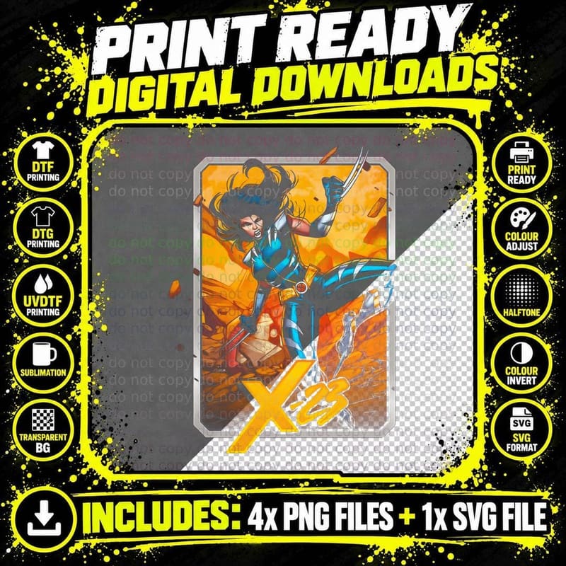 X-23 Halftone Orange Blue Clawed Mutant Action T-Shirt Png SVG Digital Bundle