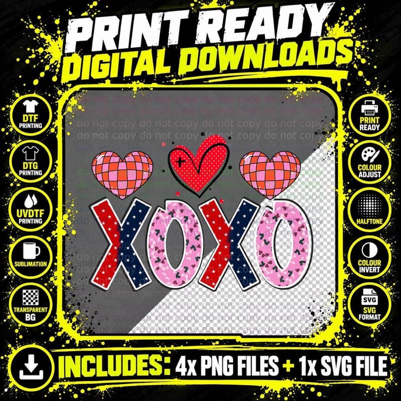 XOXO Hearts Checkered Pattern Romantic Pink T-Shirt Png SVG Digital Bundle