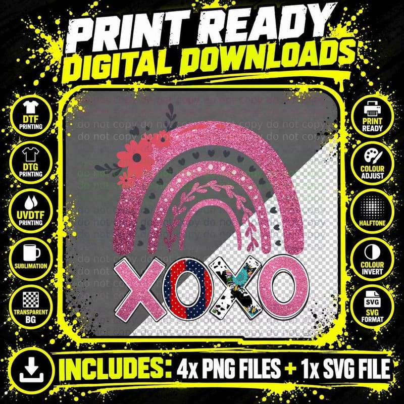 XOXO Rainbow Glitter Sparkle Pink T-Shirt Png SVG Digital Bundle