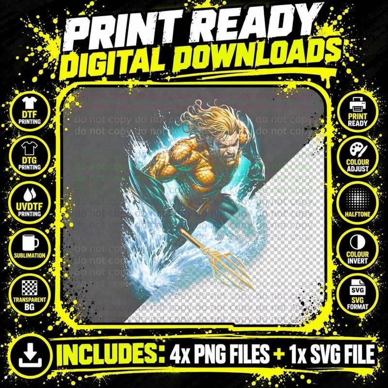 Aquaman T-Shirt, Halftone Trident Aquaman Graphic Tee Png SVG Digital Bundle
