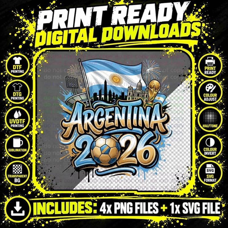 Argentina 2026 Flag Sun Emblem Skyline Trophy Blue White Png SVG Digital Bundle