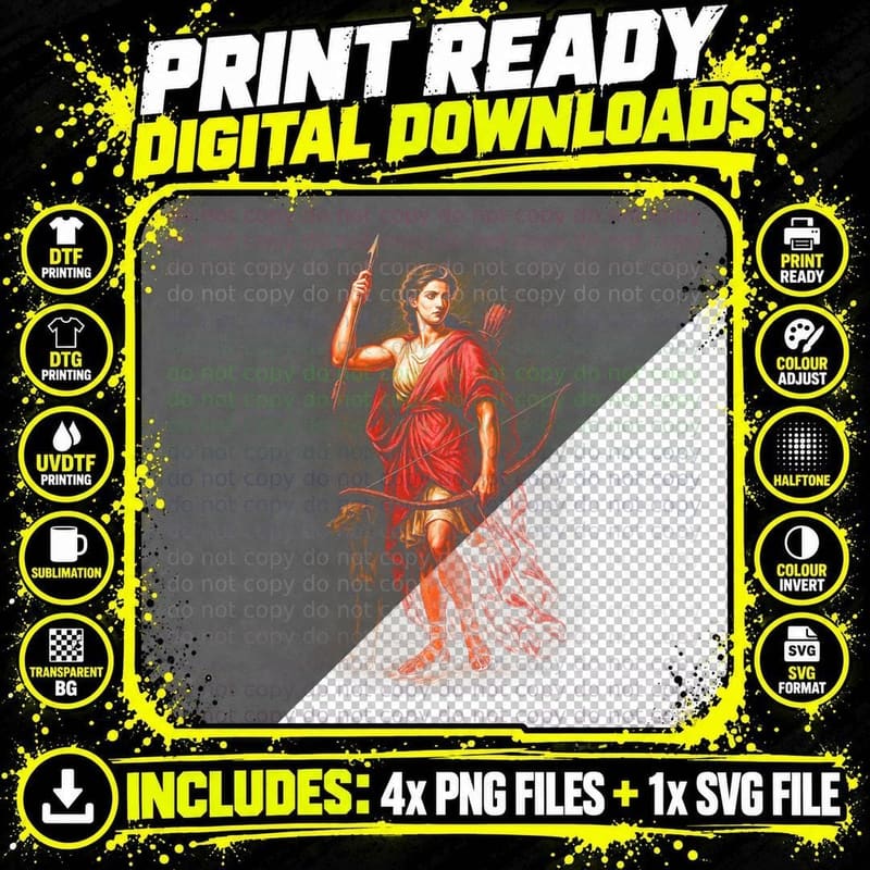 Artemis T-Shirt, Halftone Greek Goddess of the Hunt Png SVG Digital Bundle