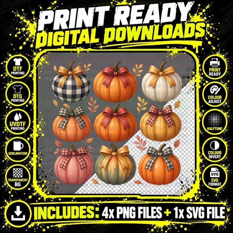 Assorted Pumpkins with Bows T-Shirt, Trendy Graphic Tee Png SVG Digital Bundle