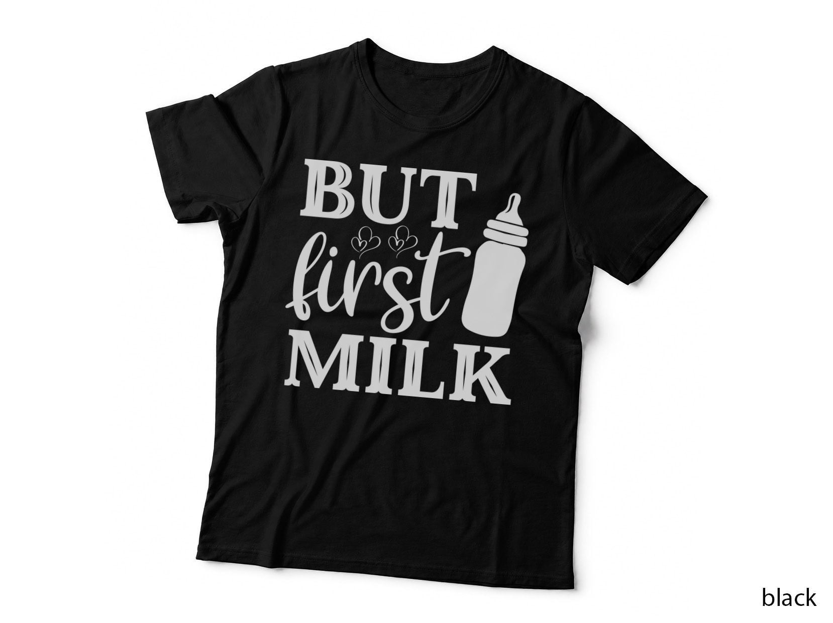 But First Milk Baby T-Shirt, Baby Bottle Silhouette with Hearts Graphic Tee