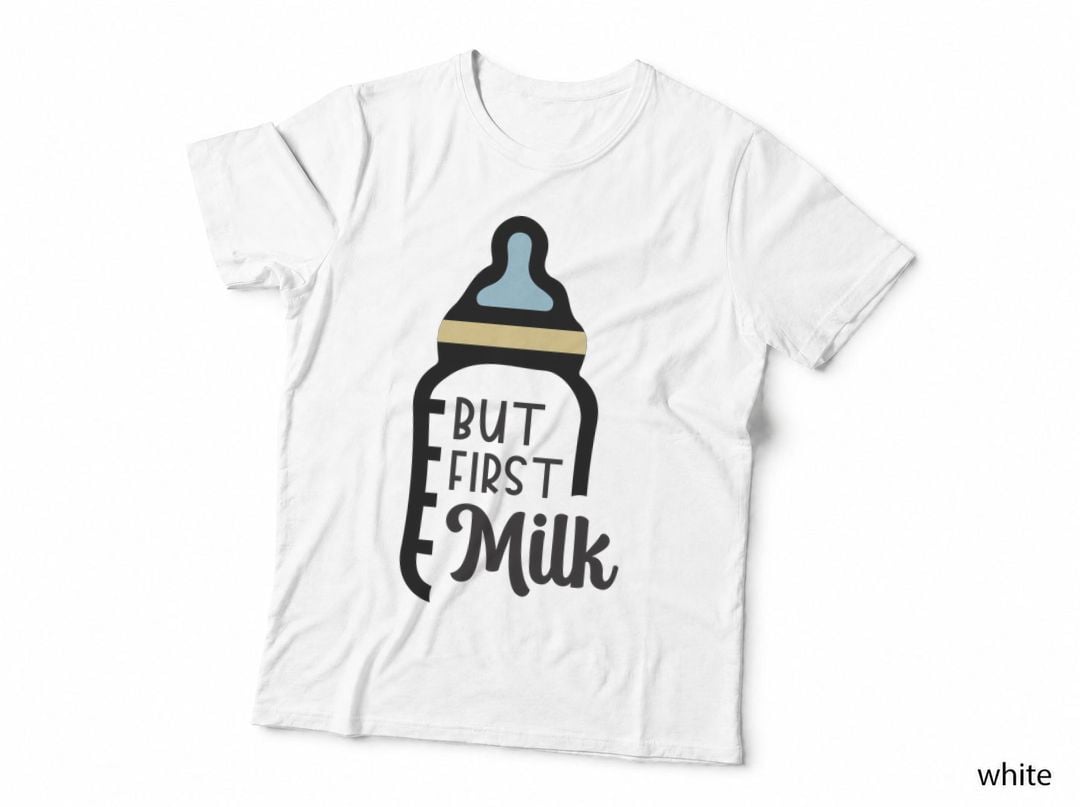 But First Milk T-Shirt, Baby Bottle Silhouette Graphic Tee, Trendy Graphic Shirt