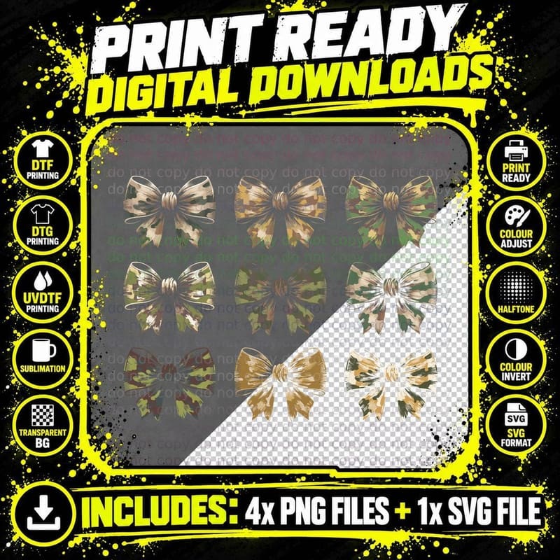 Camo Bows Pattern T-Shirt, Trendy Graphic Tee Png SVG Digital Bundle