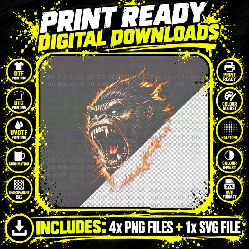 Chimpanzee T-Shirt, Halftone Fire Rage Chimp Graphic Tee Png SVG Digital Bundle