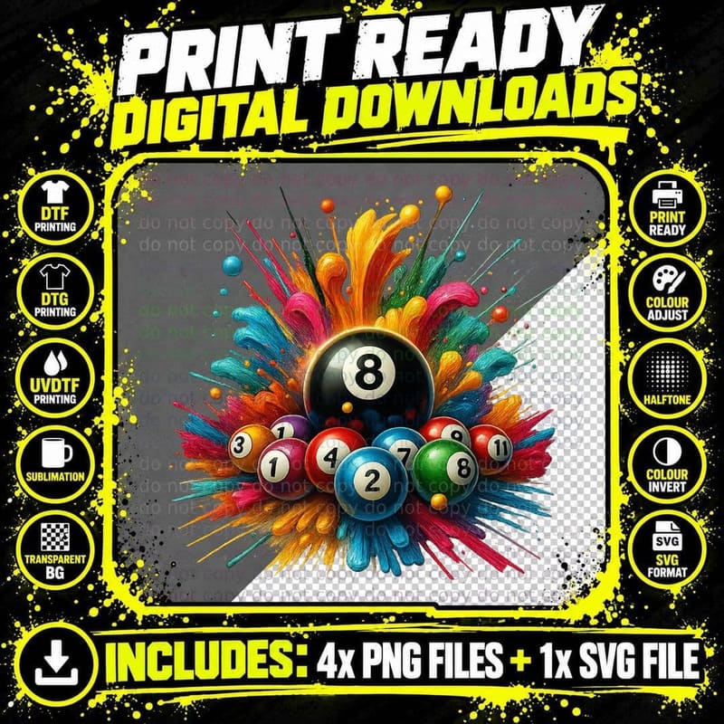 Colorful Billiard Balls Burst Billiards T-Shirt Png SVG Digital Bundle