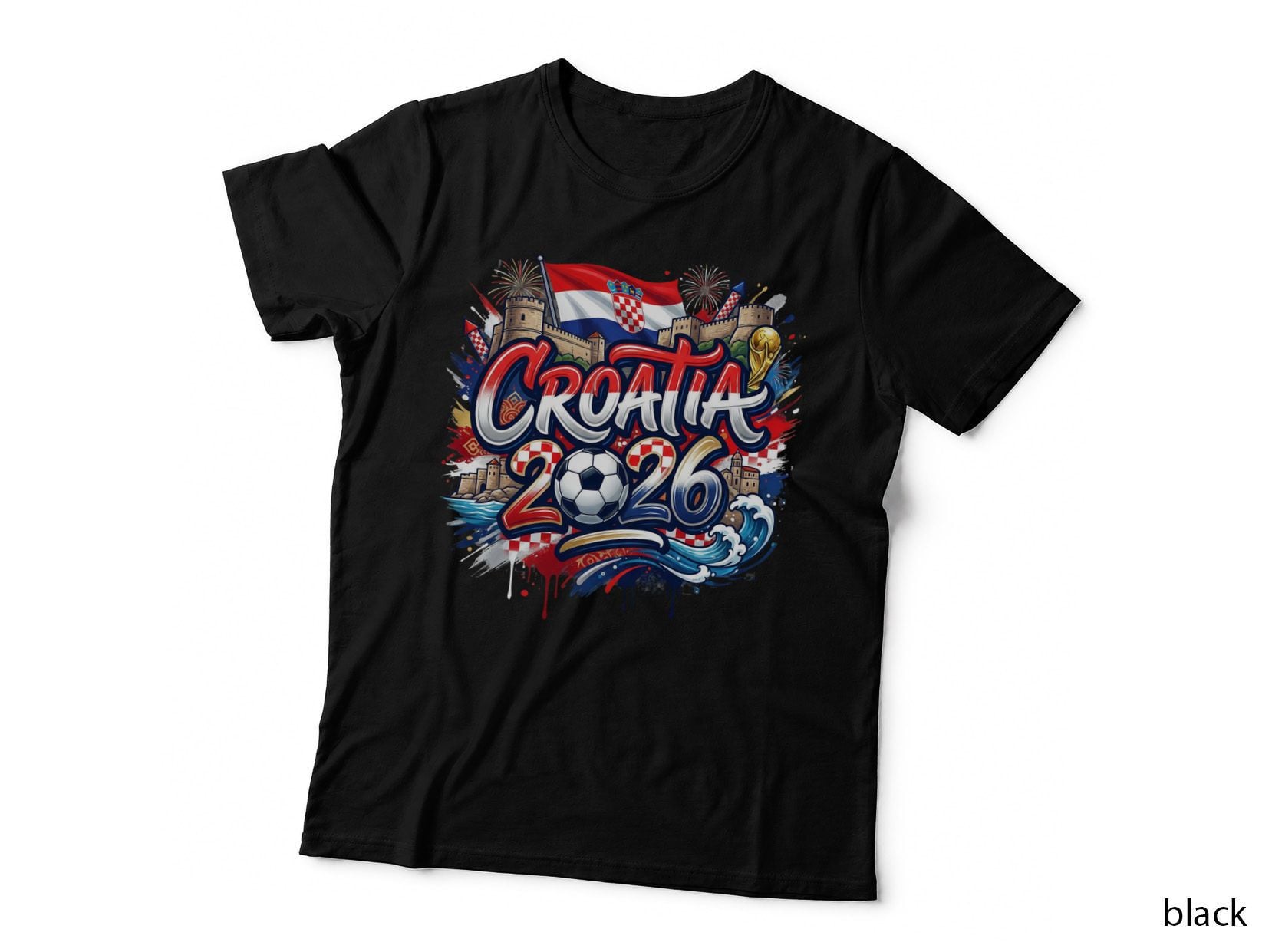 Croatia 2026 Flag Checkerboard Pattern Castle Fortress Waves Trophy T-Shirt