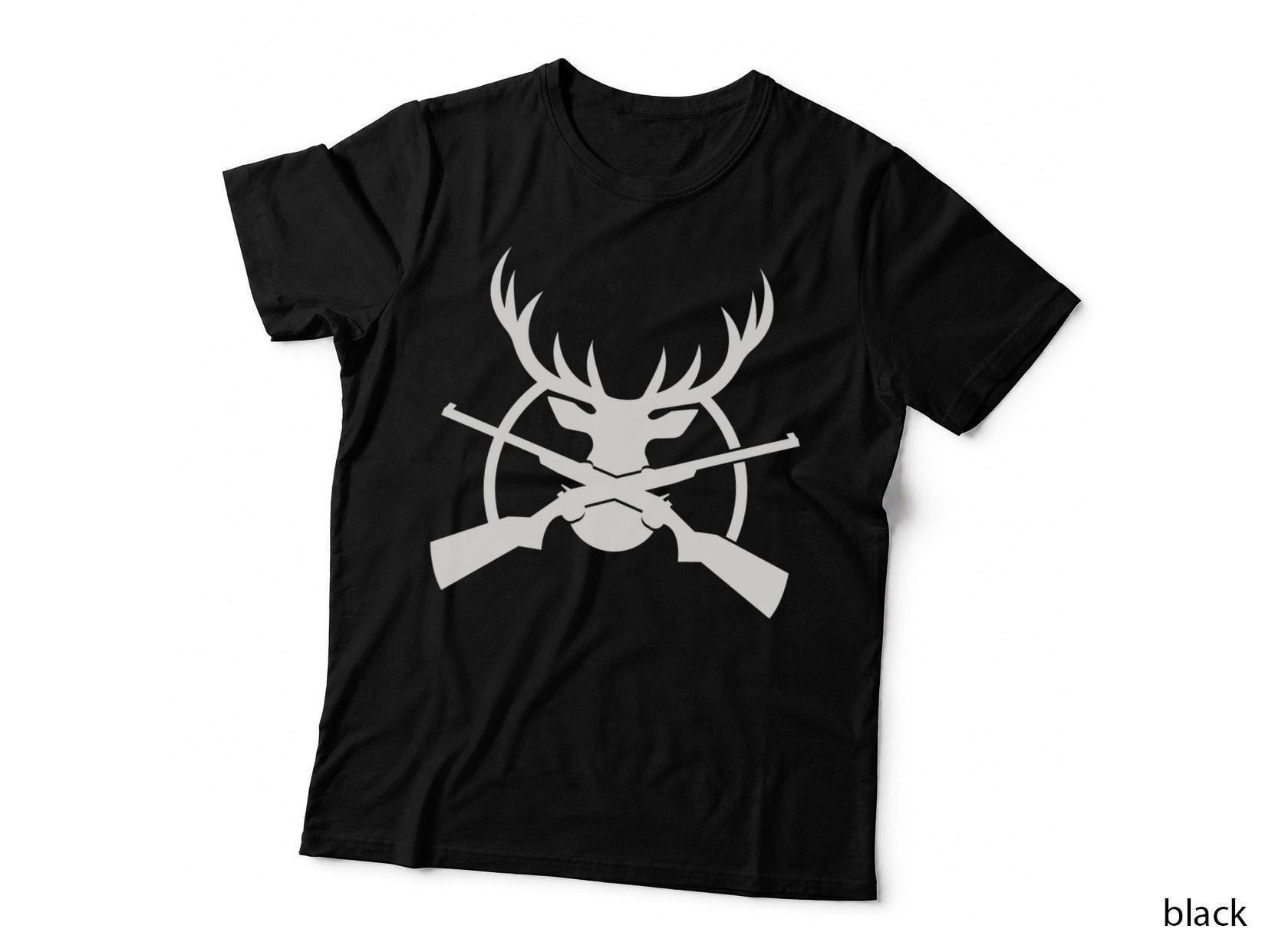 Deer Head Silhouette with Crossed Rifles T-Shirt, Trendy Graphic Tee