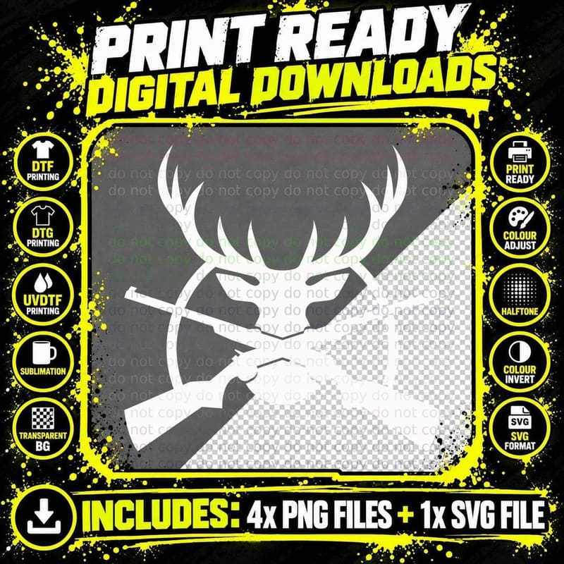 Deer Head Silhouette with Crossed Rifles T-Shirt Png SVG Digital Bundle