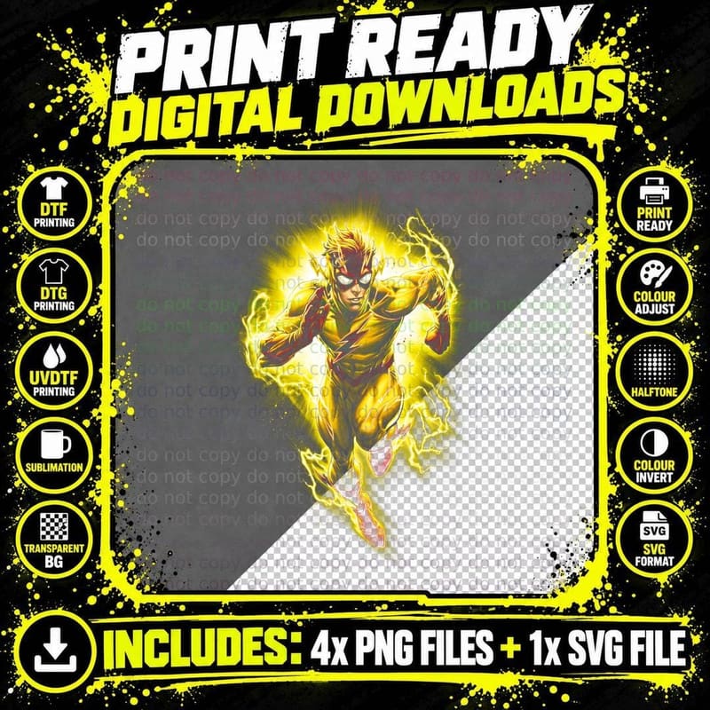 Flash T-Shirt, Halftone Golden Speed Hero Graphic Tee Png SVG Digital Bundle