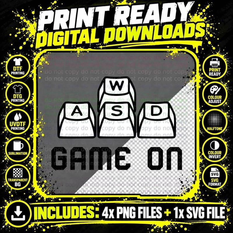 Game on T-Shirt, Keyboard Keys Forming Wasd Graphic Tee Png SVG Digital Bundle