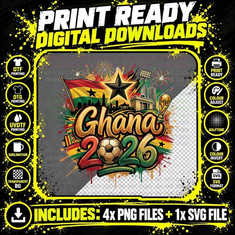 Ghana 2026 Flag Black Star City Skyline Trophy Red Gold Png SVG Digital Bundle