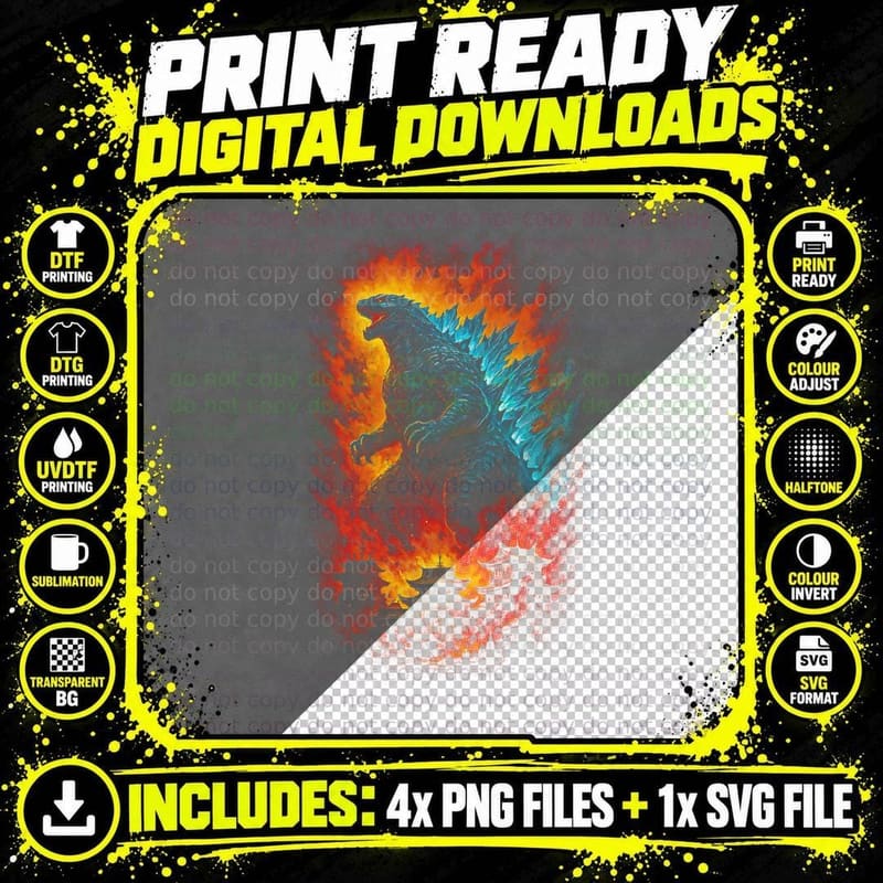 Godzilla T-Shirt, Halftone Kaiju Monster Graphic Tee Png SVG Digital Bundle