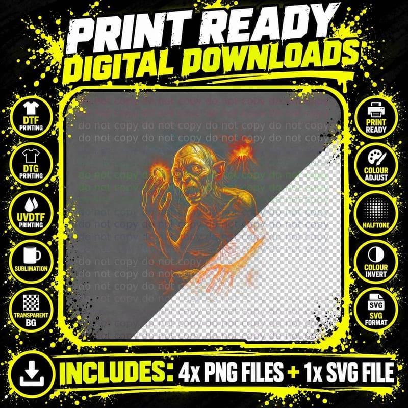 Gollum T-Shirt, Halftone Fantasy Creature Graphic Tee Png SVG Digital Bundle