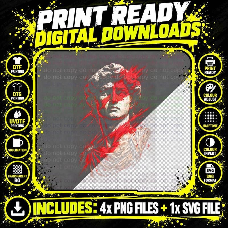 Greek Hero Bust T-Shirt, Halftone Ancient Marble Statue Png SVG Digital Bundle