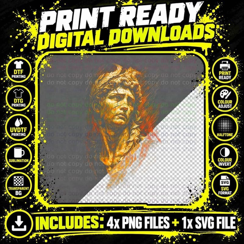 Greek Hero Statue T-Shirt, Halftone Ancient Golden Bust Png SVG Digital Bundle