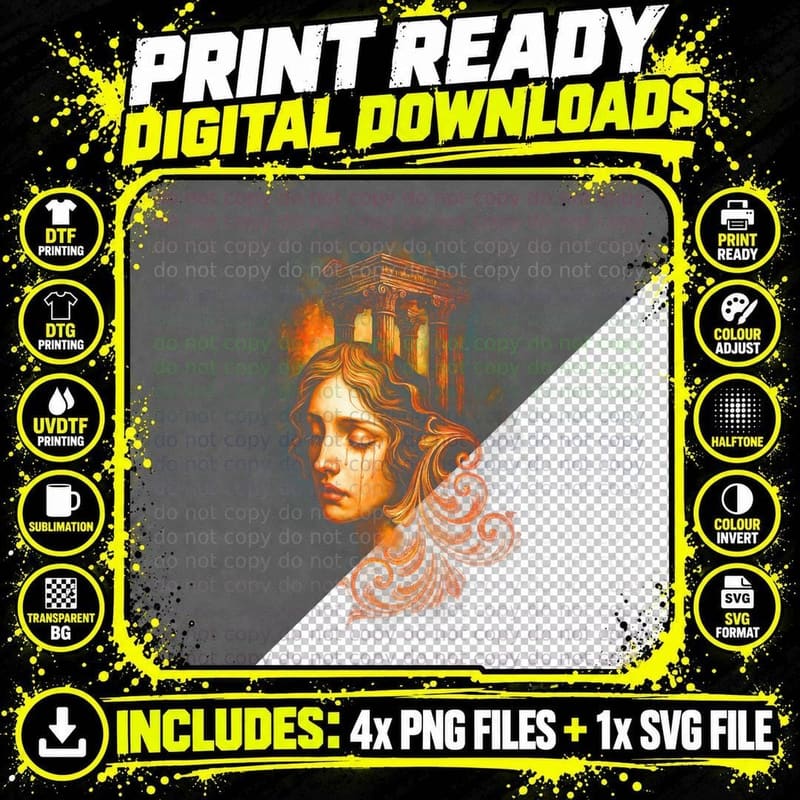 Greek Oracle T-Shirt, Halftone Greek Mythology Priestess Png SVG Digital Bundle