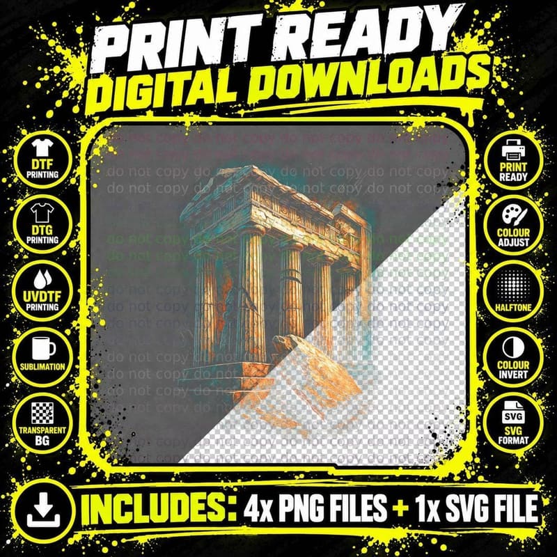 Greek Temple Ruins T-Shirt, Halftone Ancient Greece Png SVG Digital Bundle