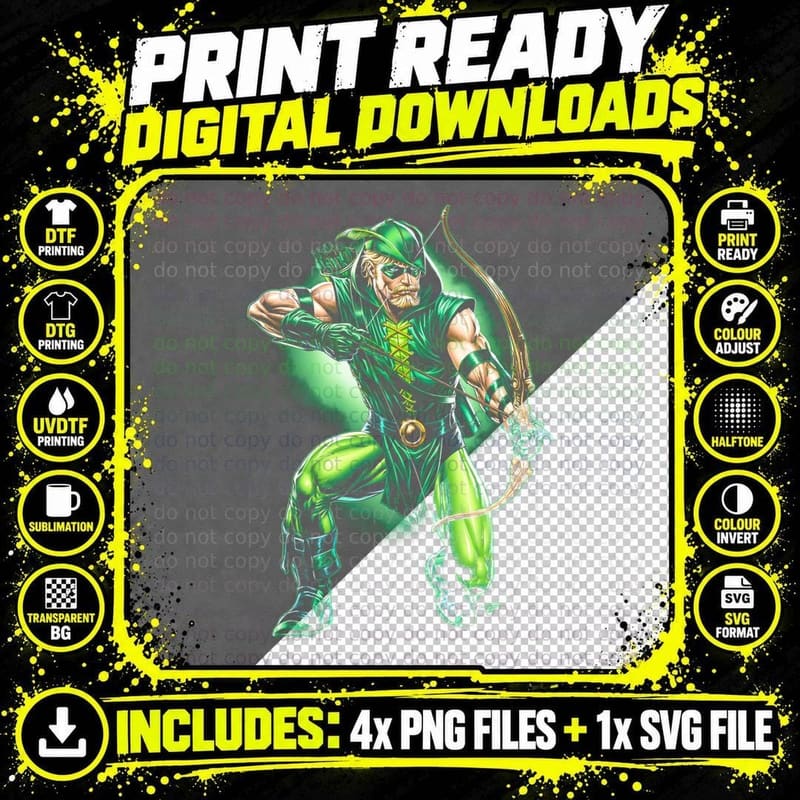 Green Arrow T-Shirt, Halftone Emerald Archer Graphic Tee Png SVG Digital Bundle