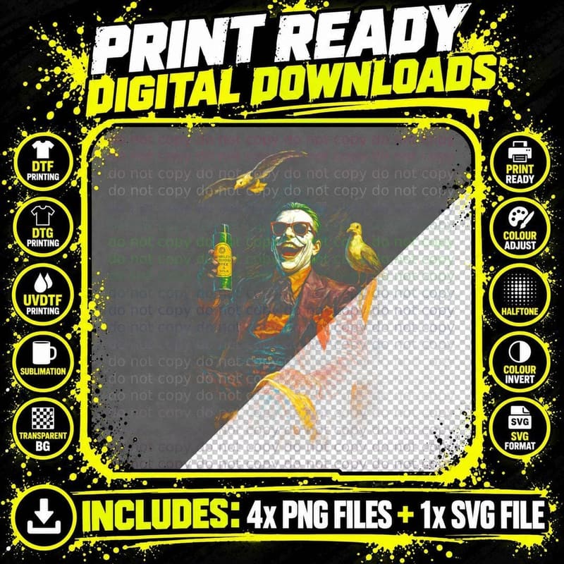 Green Hair Jester T-Shirt, Halftone Comic Villain Png SVG Digital Bundle