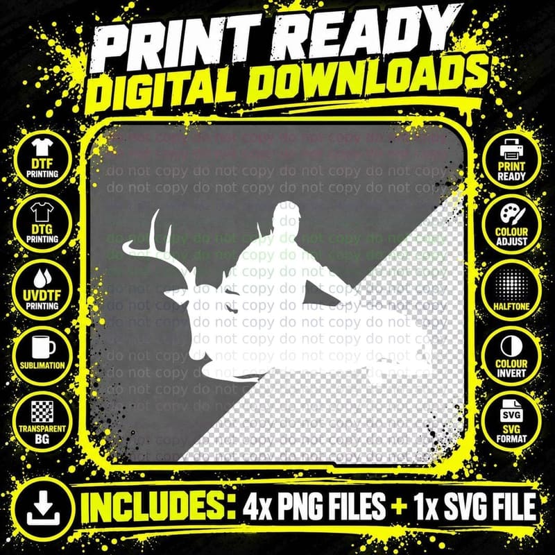 Hunter Sitting on Deer Silhouette T-Shirt Png SVG Digital Bundle