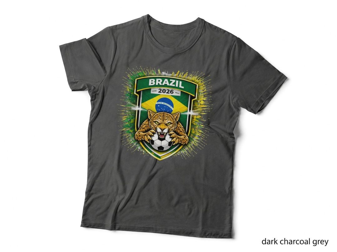 Jaguar Mascot Brazil 2026 Green Yellow Shield Crest Flag Globe Paint T-Shirt