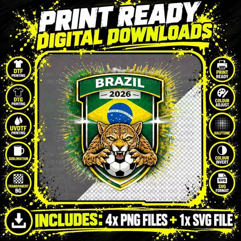 Jaguar Mascot Brazil 2026 Green Yellow Shield Crest Flag Png SVG Digital Bundle