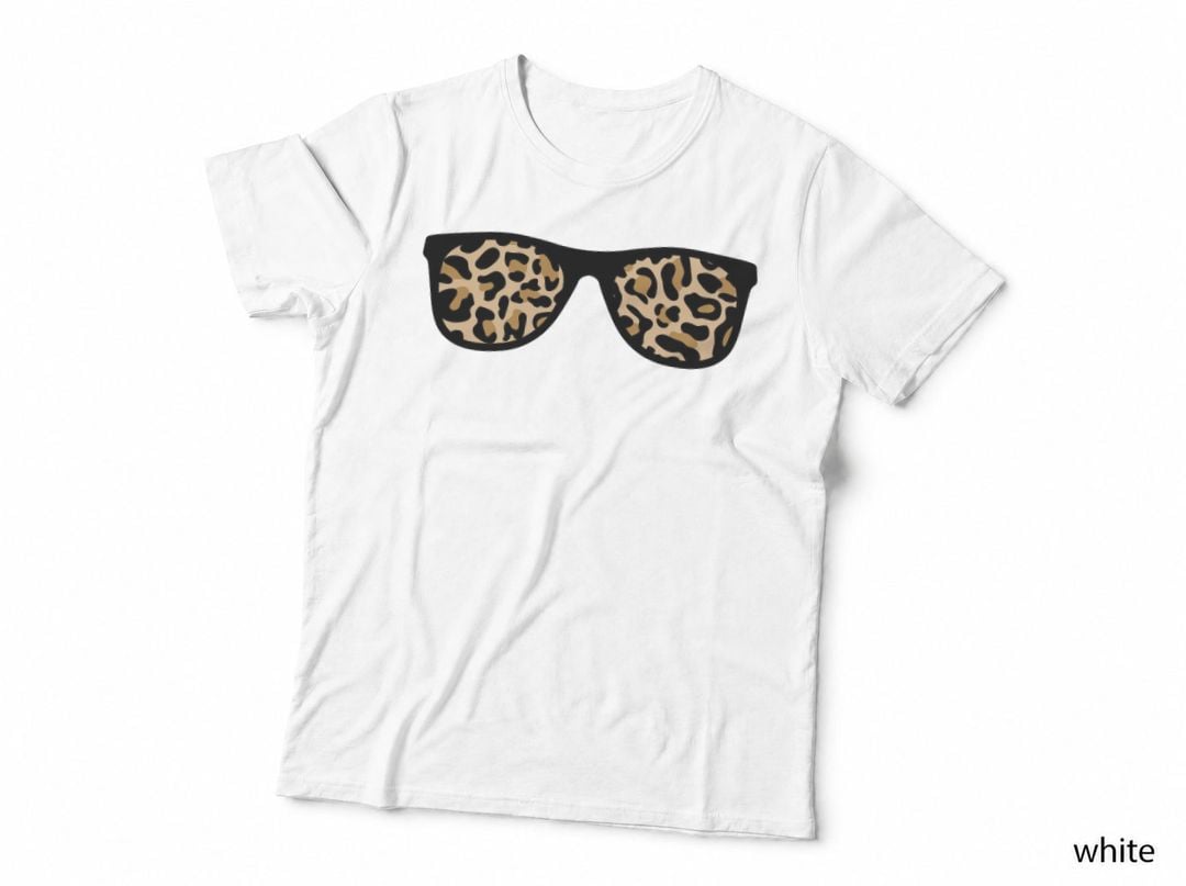 Leopard Print Sunglasses Design T-Shirt, Trendy Graphic Tee