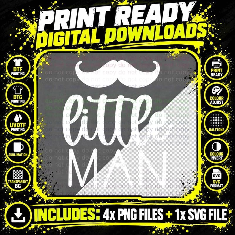 Little Man Baby T-Shirt, Mustache on Gray Background Png SVG Digital Bundle
