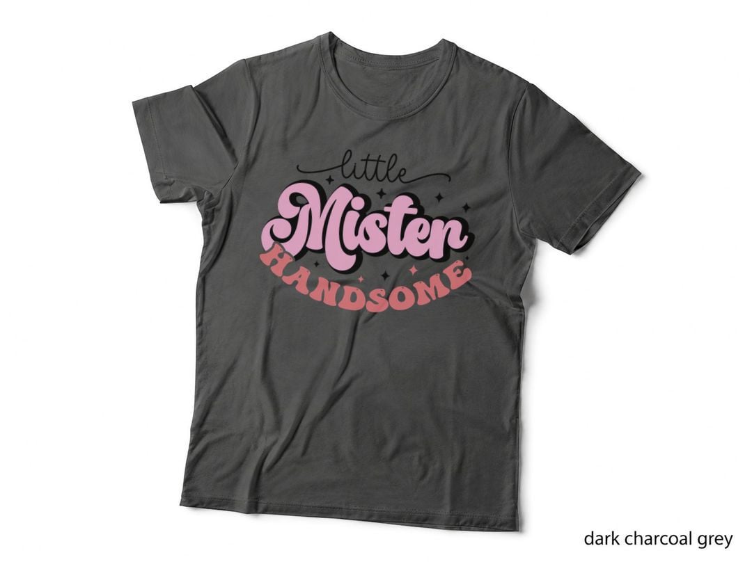 Little Mister Handsome T-Shirt, Pink Cursive Font on Gray Background Graphic