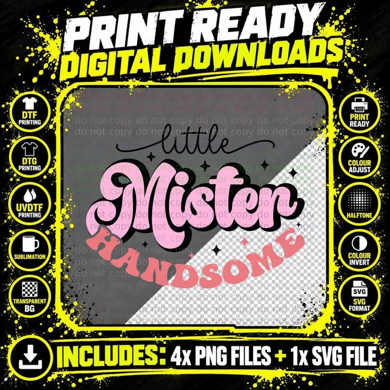 Little Mister Handsome T-Shirt, Pink Cursive Font on Png SVG Digital Bundle