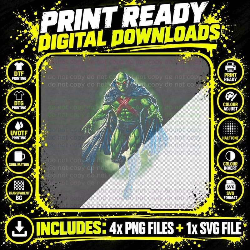 Martian Manhunter T-Shirt, Halftone Green Martian Hero Png SVG Digital Bundle