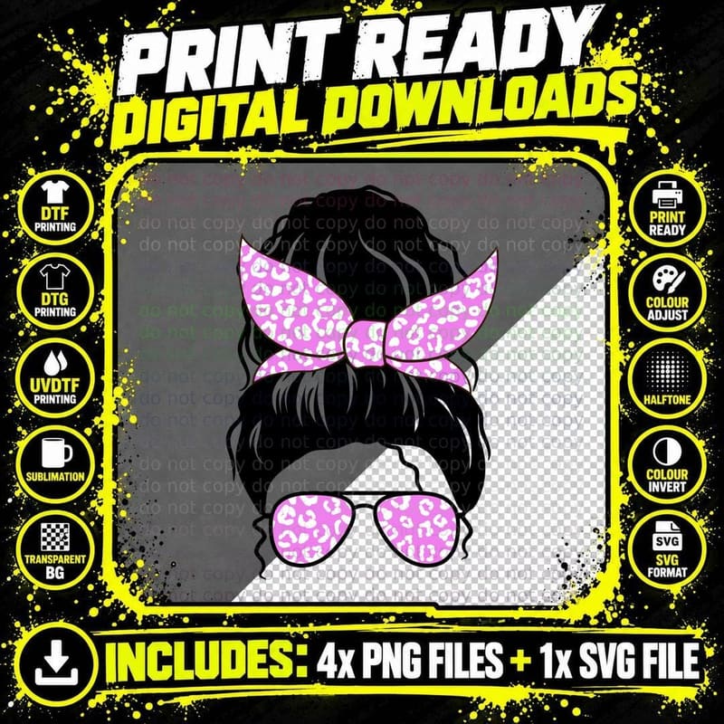 Messy Bun with Leopard Print Accessories T-Shirt Png SVG Digital Bundle