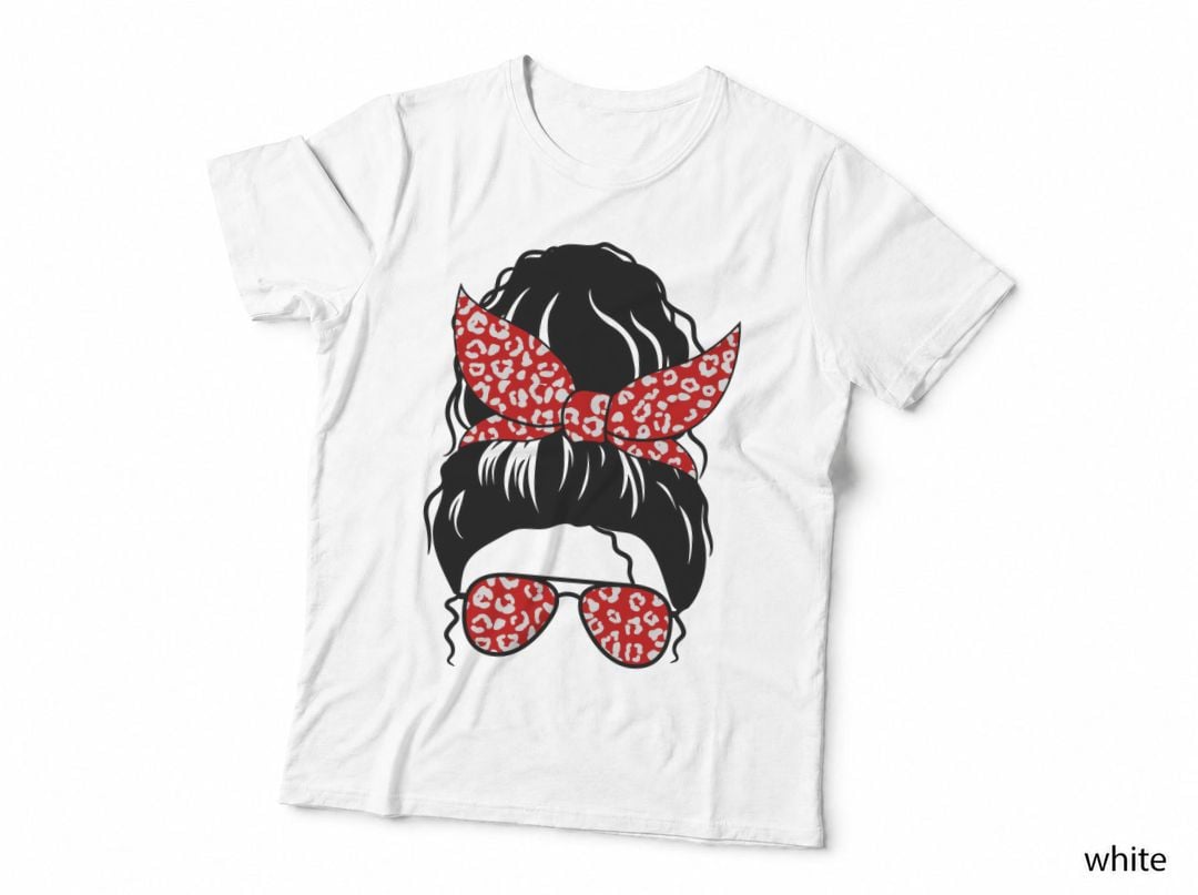 Messy Bun with Red Leopard Print Bandana and Sunglasses T-Shirt