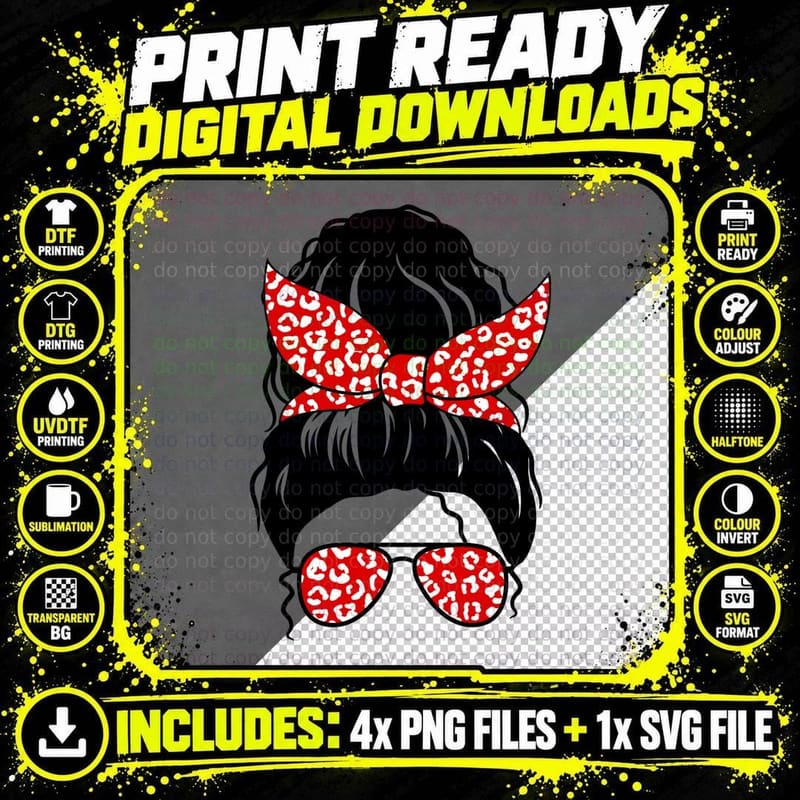 Messy Bun with Red Leopard Print Bandana and Sunglasses Png SVG Digital Bundle
