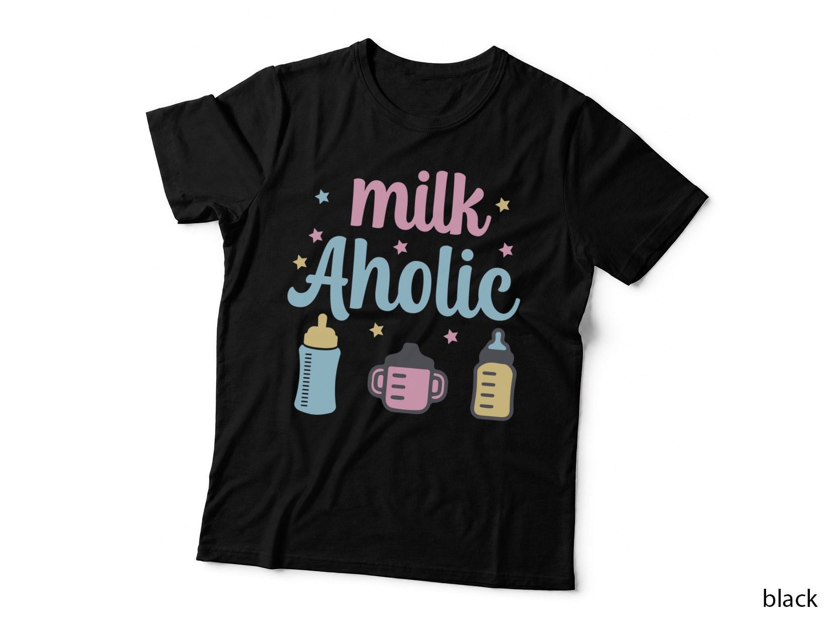 Milk Aholic T-Shirt, Milk Bottles and Stars on Gray Graphic Tee