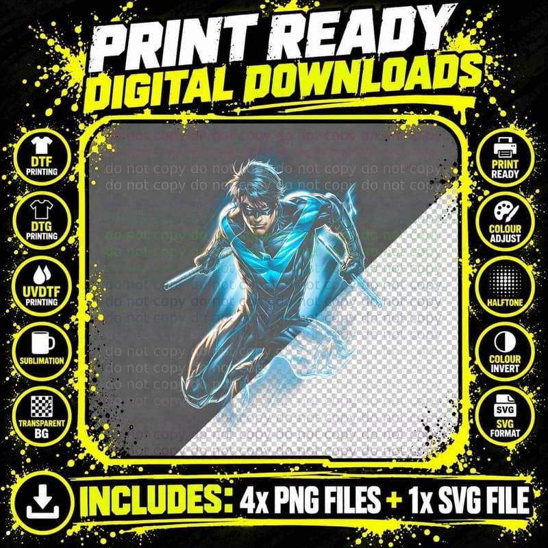 Nightwing T-Shirt, Halftone Blue Baton Hero Graphic Tee Png SVG Digital Bundle