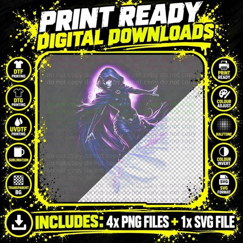 Raven T-Shirt, Halftone Mystic Cloak Heroine Graphic Tee Png SVG Digital Bundle