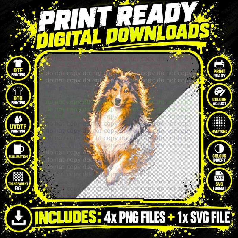 Rough Collie T-Shirt, Halftone Golden Splatter Collie Png SVG Digital Bundle