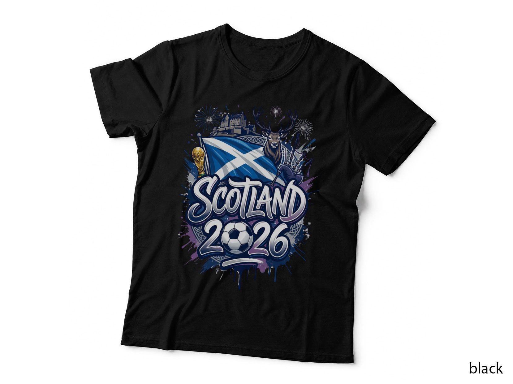 Scotland 2026 Saltire Flag Stag Deer Castle Bagpipes Sword Trophy T-Shirt