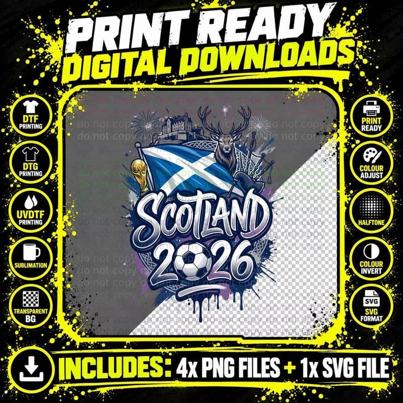 Scotland 2026 Saltire Flag Stag Deer Castle Bagpipes Png SVG Digital Bundle