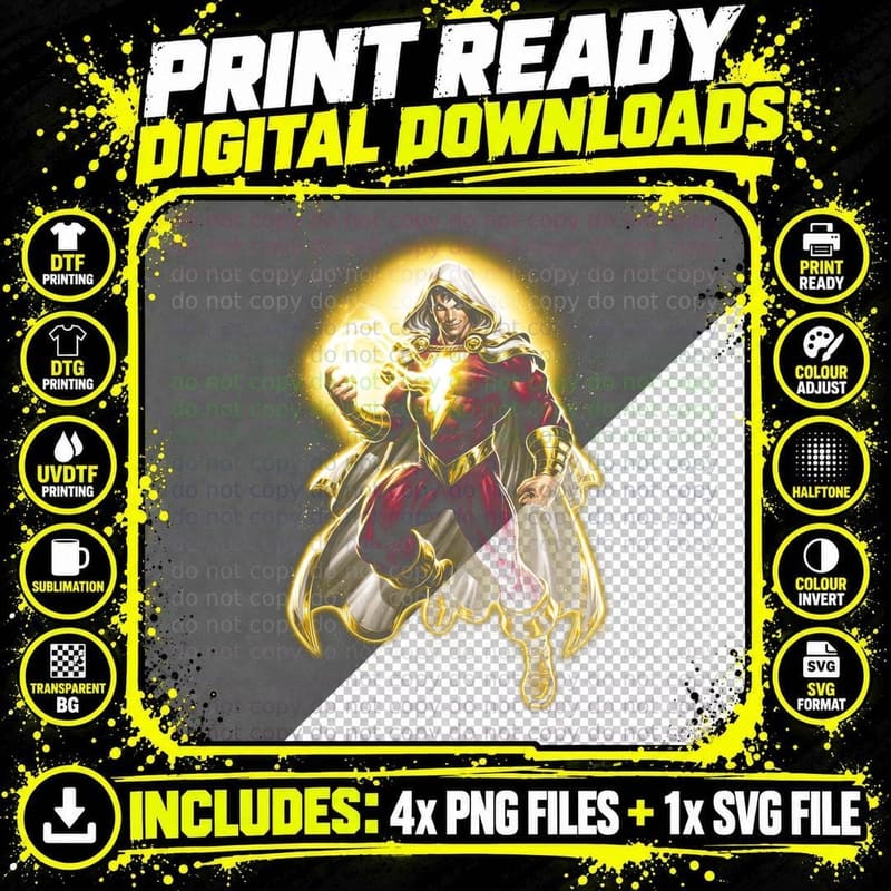 Shazam T-Shirt, Halftone Lightning Magic Hero Graphic Png SVG Digital Bundle